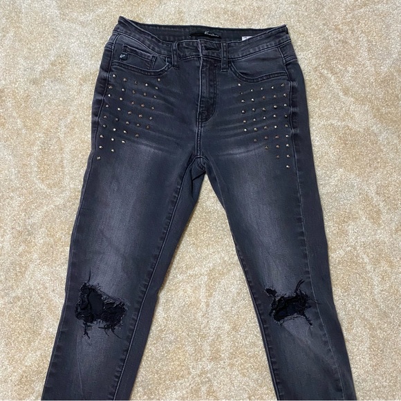 KanCan Distressed High Waisted Black Studded Jeans 7 - Picture 2 of 11